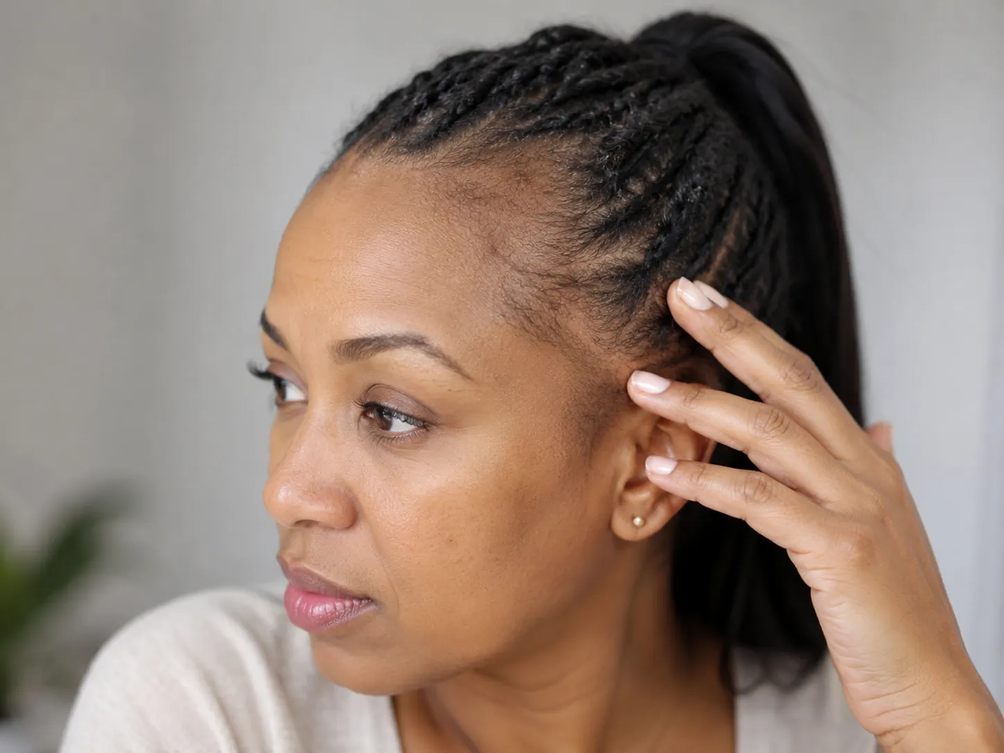 Femme observant ses tempes dégarnies dans un miroir — alopécie de traction comment faire repousser