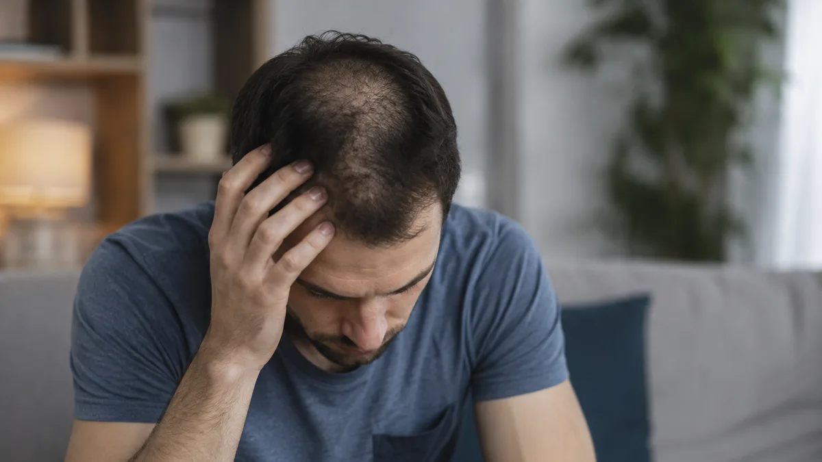 Hombre de treinta años examinando su línea capilar en un espejo — calvicie a los 30 años, ¿normal o señal de alarma?