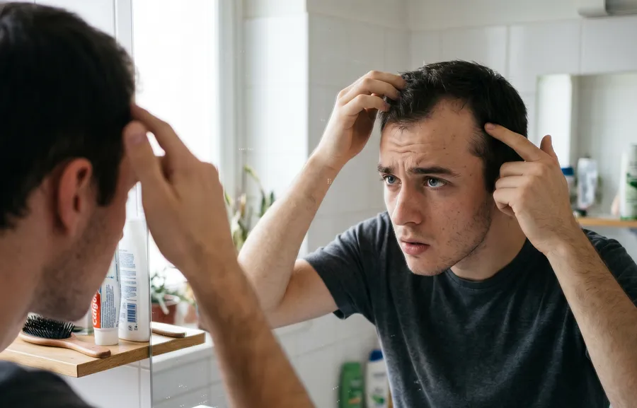 Joven examinando su línea capilar en un espejo — primeros signos de calvicie a los 20 años