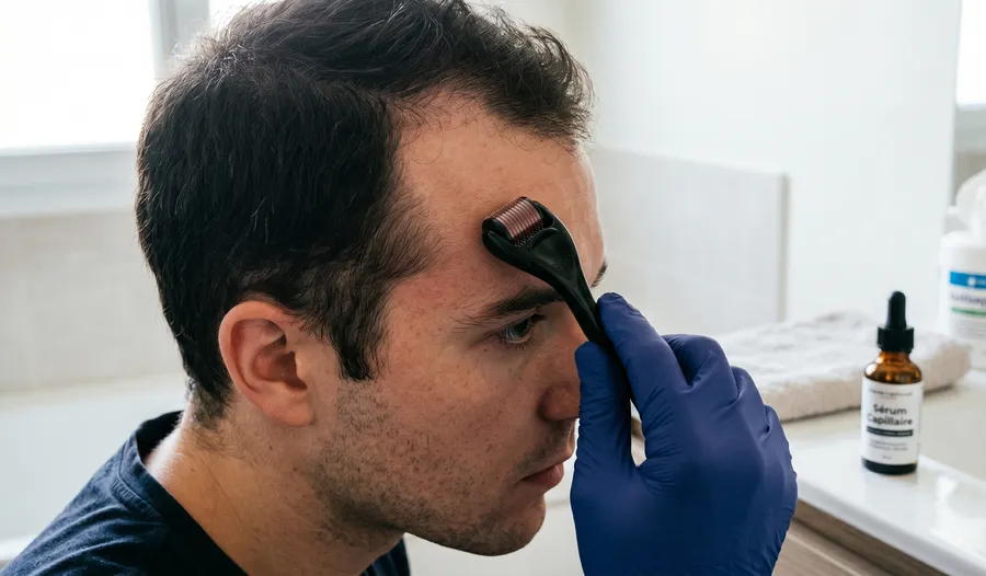 Dermaroller 0.5mm posé sur un cuir chevelu — protocole micro-needling pour les golfes