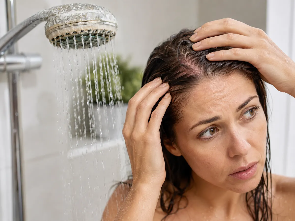 Pommeau de douche avec dépôts de calcaire — eau calcaire et chute de cheveux