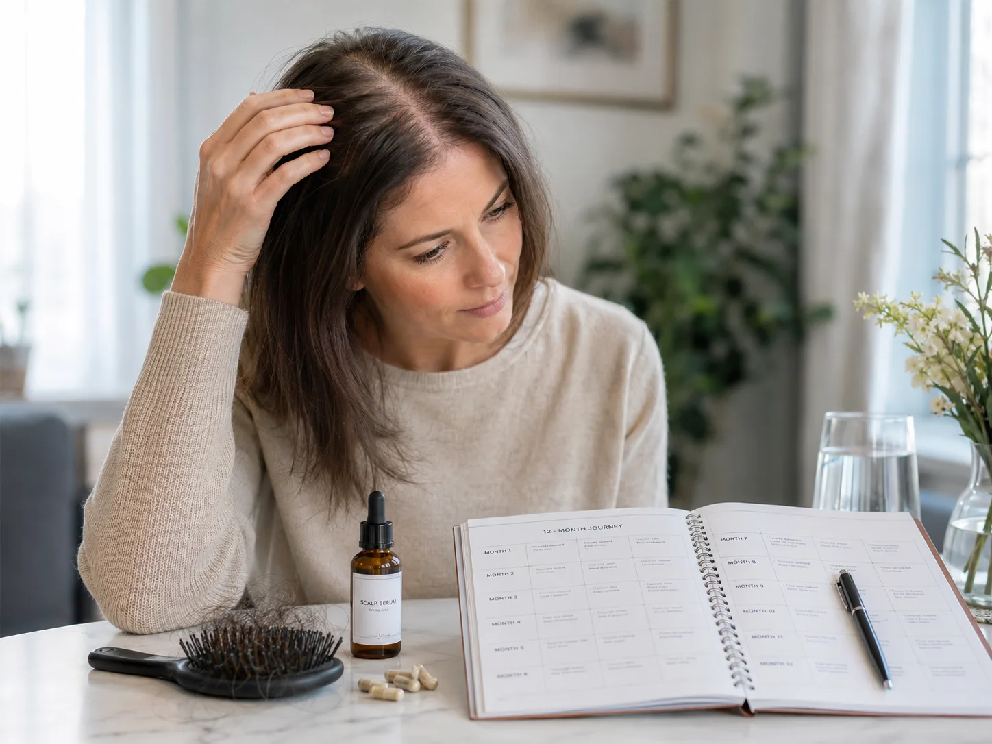 Mujer observando su cabello a la luz — efluvio telógeno crónico cura protocolo completo