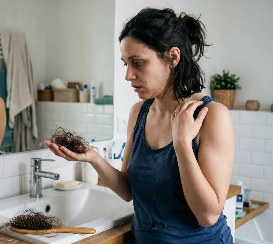 Woman looking at a brush full of fallen hair in her bathroom — postpartum hair loss