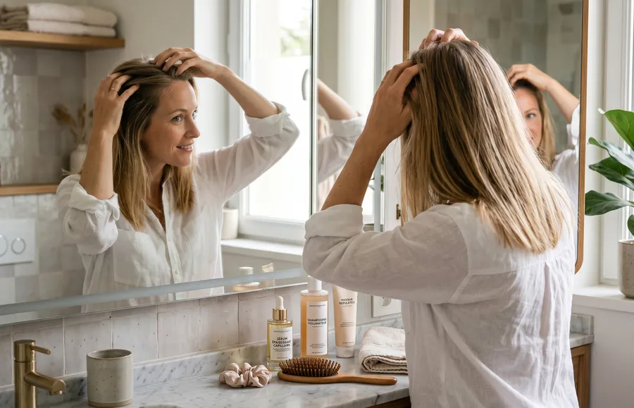 Woman examining her fine hair in a mirror — guide to thickening fine hair for women